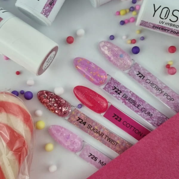 Yoshi Lakier Hybrydowy Candy Shop 721 CHERRY POP Róż z Drobinami Brokat 6ml