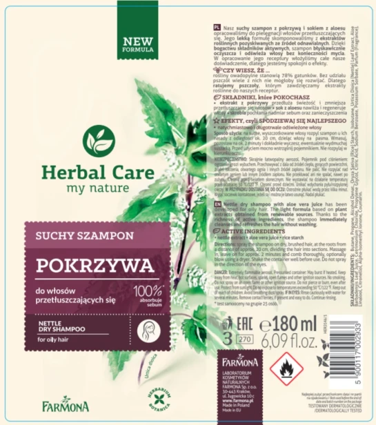 Farmona Herbal Care Suchy szampon do włosów przetłuszczających POKRZYWA 180