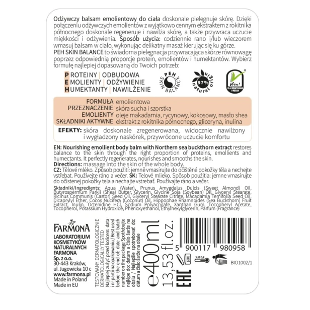 Farmona My'BIO Balsam do ciała Emolientowy Rokitnik Olej Makadamia 400ml