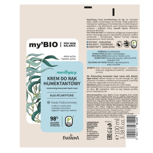 Farmona My'BIO Nawilżający krem humektantowy do rąk Algi Atlantyckie 100ml