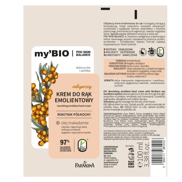 Farmona My'BIO Odżywczy krem emolientowy do rąk Rokitnik Północny 100ml