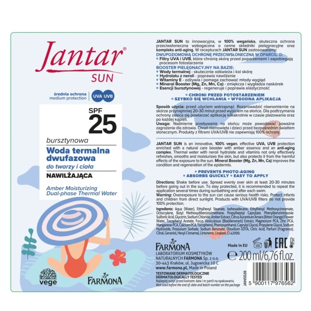 Farmona Jantar SUN Woda termalna dwufazowa do twarzy i ciała SPF25 200ml