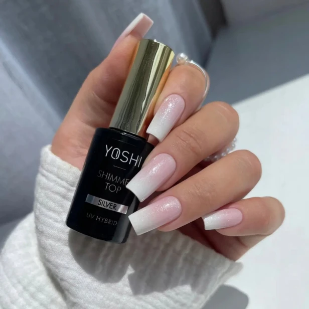 Yoshi Top hybrydowy do paznokci UV LED Shimmer Silver srebrne drobinki 10ml